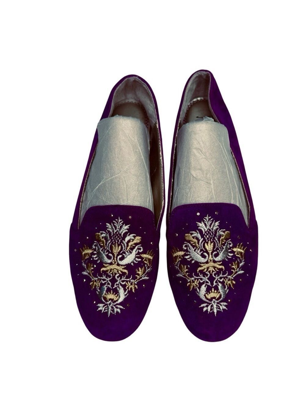 Neiman Marcus Purple Suede Gold Embroidered Loafers 7.5